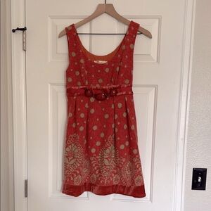 Burnt Orange  and Tan Polka Dot Dress with Bead Accent Belt